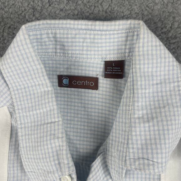 Centro Men's Large White Blue Striped Pattern Short Sleeve Button Up Shirt - Picture 4 of 16